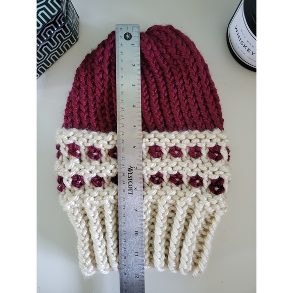 Two-Tone Waffle-Base Knit Beanie - Burgundy/Cream (Handmade) - Picture 9 of 11